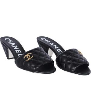 CHANEL Mules Sandals | Quilted Black Leather | Gold CC | Size 37 7 6.5 | Rare |